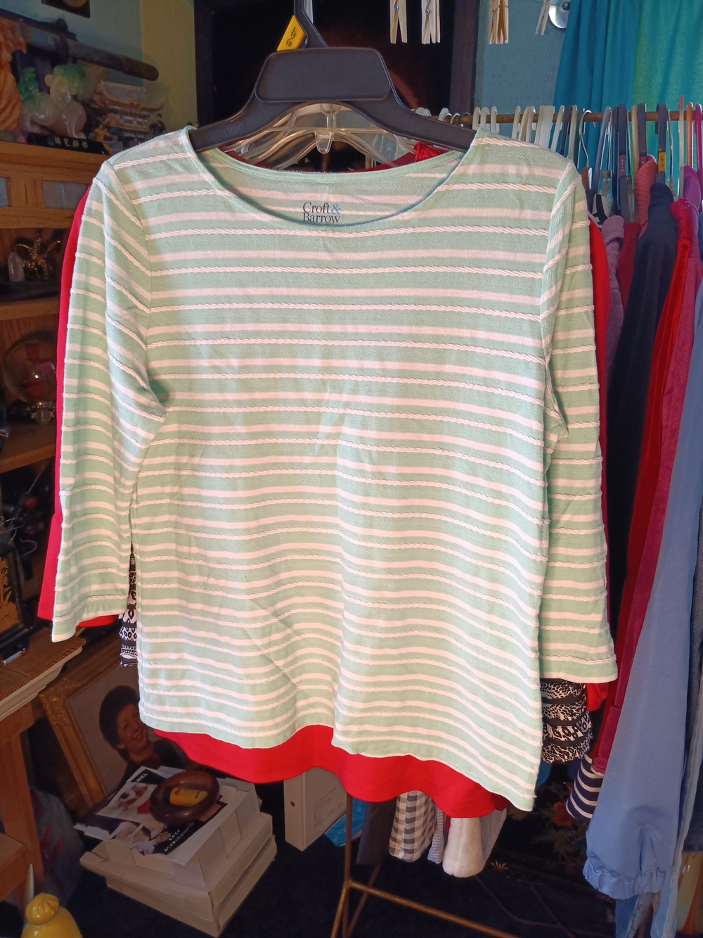 Croft & Barrow Mint and White Striped Boatneck Top